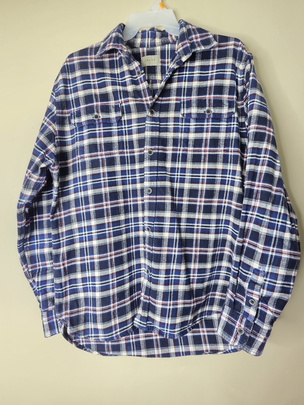 JACH Heavy Flannel Shirt Men Plaid Blue Red Button Up Cotton